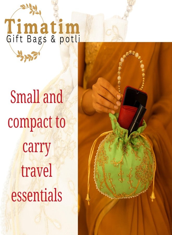 Timatim Women’s Embroidered Potli Bag | Return Gift Potli for Wedding, Haldi Kumkum, Pooja, Navratri & Festive Events | Silk Potli with Pearl Handle & Golden Thread Work (10) - Image 5